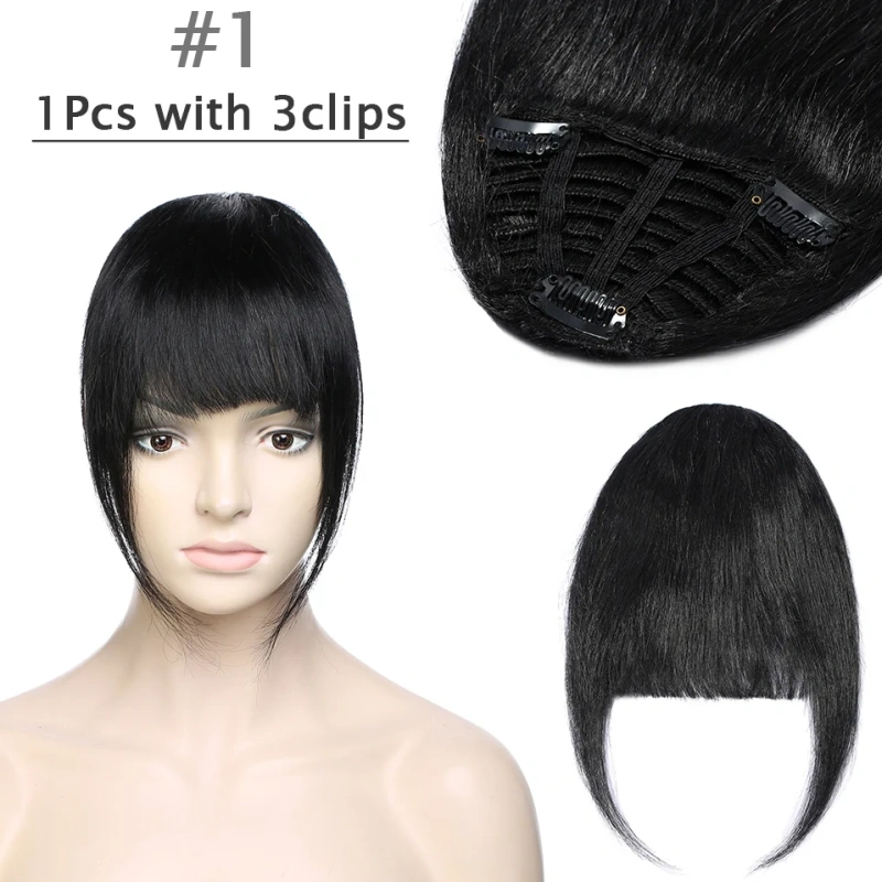 S-noilite 25g Human Hair Blunt Bangs Wig Natural Black Brown Invisible Fake Non-Remy Hair Piece Clip In Fringe Hair Extensions
