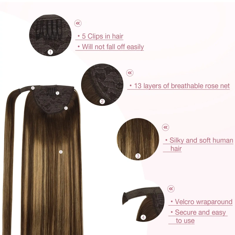Ponytail Human Hair Wrap Around Horsetail Straight 100% Remy Thick Human Hair Clip-in Ponytail Extensions For Women 75-90G