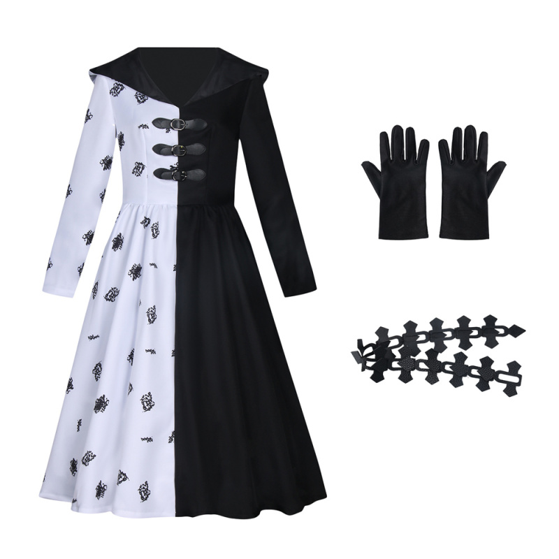 101 Dalmatians Cruella De Vil Black White Dress Gloves Cosplay Costume Takerlama (Ready To Ship)