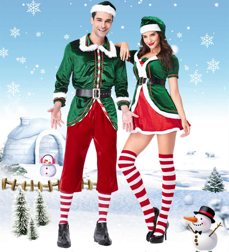 Christmas Elf Couple Costume Deluxe Santa Lovers Suit Fancy Dress Women Men -Takerlama