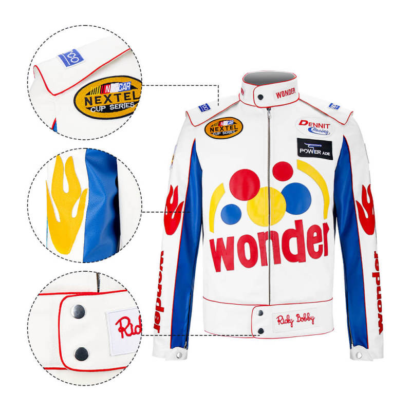 Leather Ricky Bobby White Racing Jacket Wonder Nascar Motorcycle Cosplay Costume- Talladega Nights The Ballad of Ricky Bobby