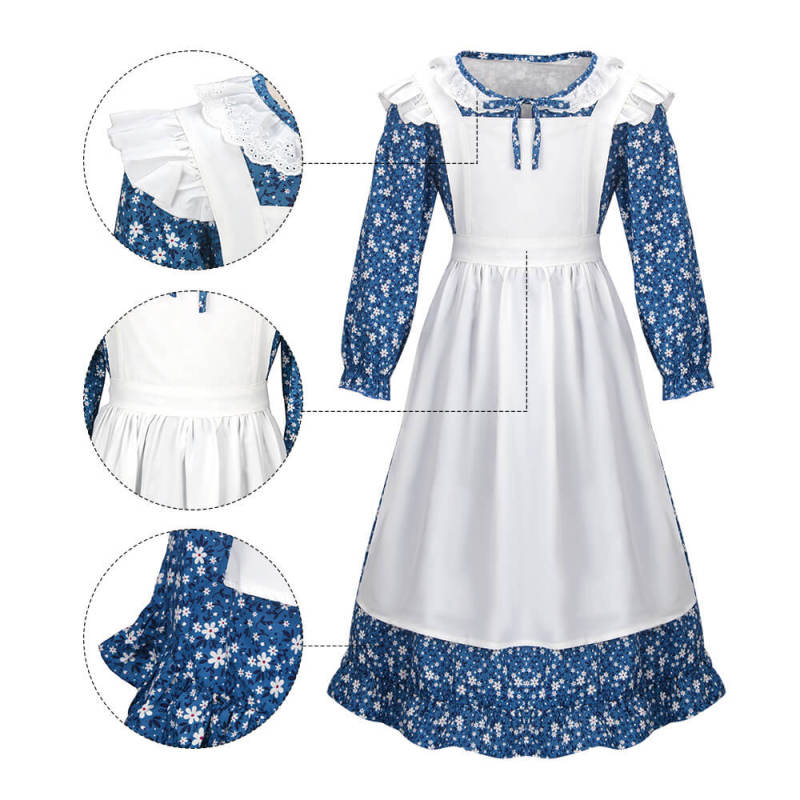 Kids Pioneer Girl Costume Colonial Prairie Blue Dress Apron Bonnet