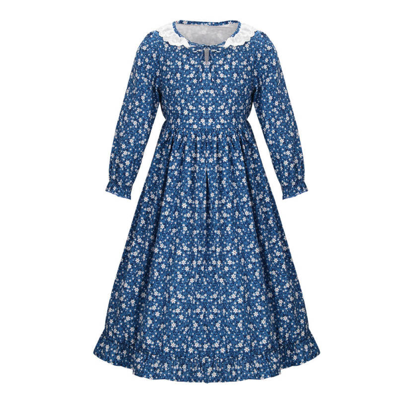 Kids Pioneer Girl Costume Colonial Prairie Blue Dress Apron Bonnet