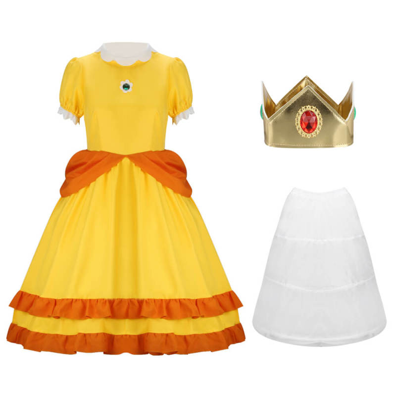 Kids Princess Daisy Cosplay Costume Super Mario Bros Yellow Dress