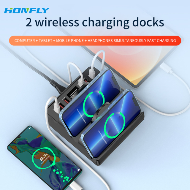 Honfly 65W PD super fast charging multi-port portable charging station dual position wireless charger 110W high power charger