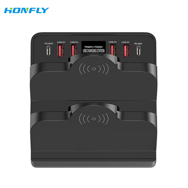 Honfly 65W PD super fast charging multi-port portable charging station dual position wireless charger 110W high power charger