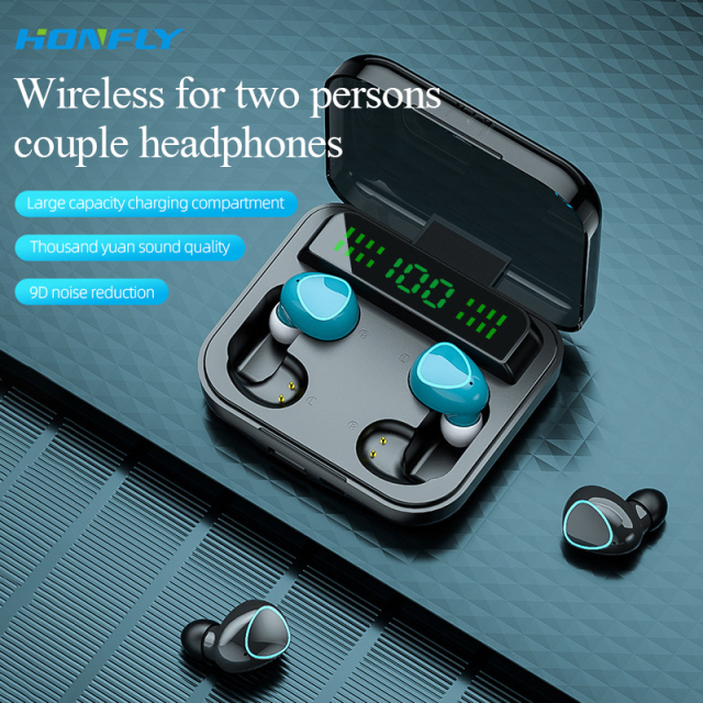 Honfly high-quality double wireless LED five-display earphones LED two pairs of four earphones with charging compartment couple Bluetooth earphones