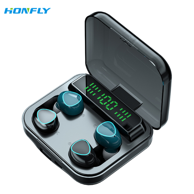 Honfly high-quality double wireless LED five-display earphones LED two pairs of four earphones with charging compartment couple Bluetooth earphones