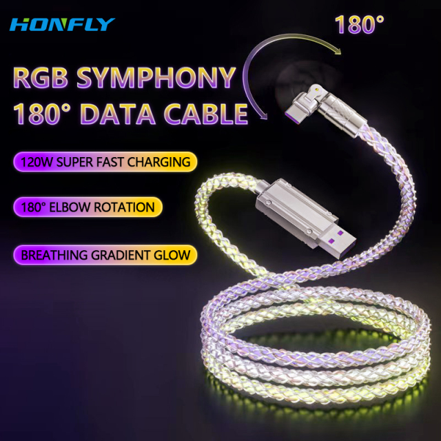 Honfly Luminous 180 degree Rotational Connector Type c data cables, 6A 120W Zinc Alloy elbow USB RGB colorful charging cable