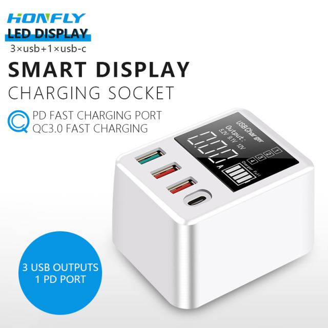 Honfly Travel Charger Intelligent display 40W usb multi charger  For Use QC3.0 fast charge type c for mobile phones Charger