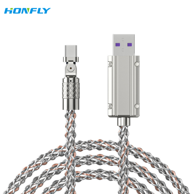 Honfly Luminous 180 degree Rotational Connector Type c data cables, 6A 120W Zinc Alloy elbow USB RGB colorful charging cable