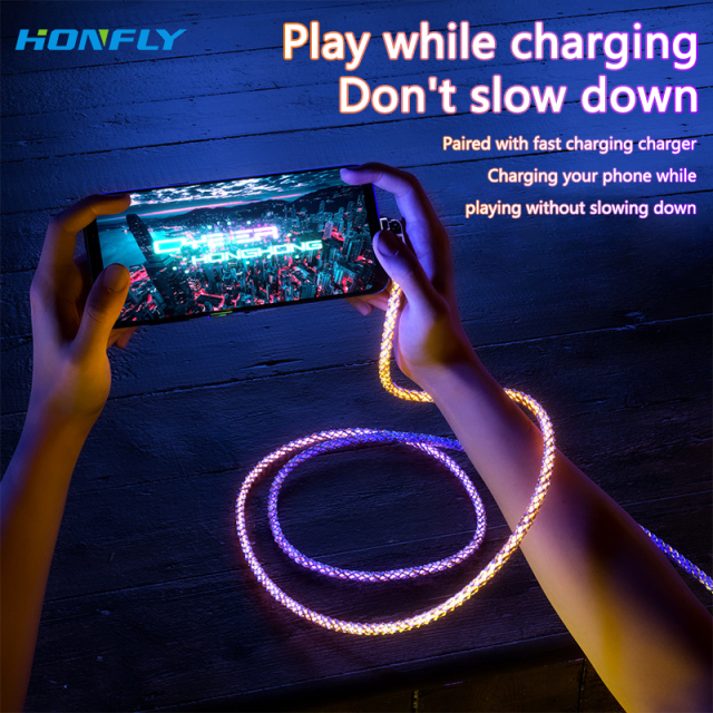 Honfly Luminous 180 degree Rotational Connector Type c data cables, 6A 120W Zinc Alloy elbow USB RGB colorful charging cable
