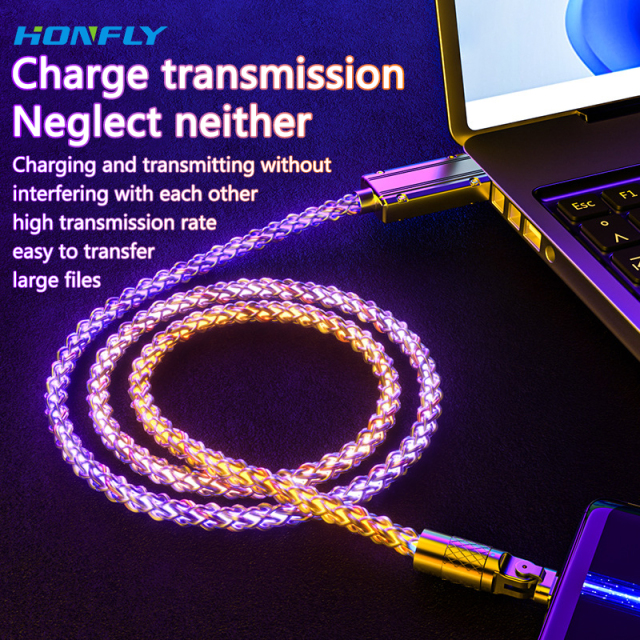 Honfly Luminous 180 degree Rotational Connector Type c data cables, 6A 120W Zinc Alloy elbow USB RGB colorful charging cable