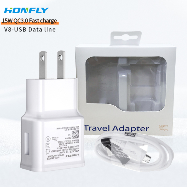 Honfly High High Quality Travel 15w qc3.0 phone charger fast charging cable for samsung s6 s7 suit  Fast charger + usb micro cable v8