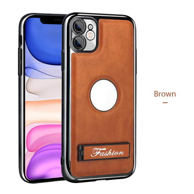 all-inclusive electroplated folding stand shockproof TPU phone case For iphone 11 business leather case with stand