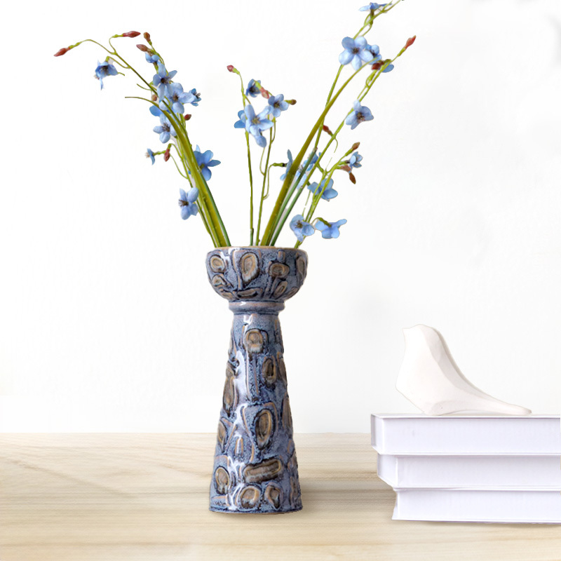 Vintage Kiln-Transformed Glazed Blue Feather Ceramic Vase & Flower Pot