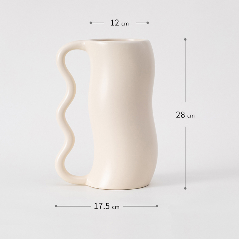 Minimalist Water Wave Design Ceramic Flower Vase with Handle