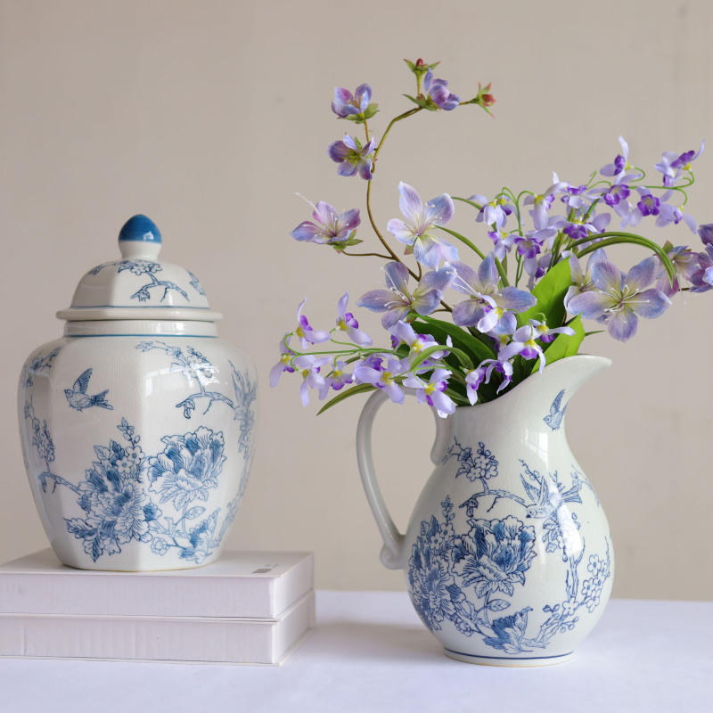 Chinese Traditional Blue and White Overjoyed Bird and Flower Design Pattern Ceramic Ginger Jars and Vase for Home Decor