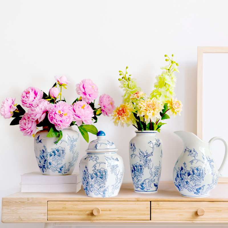 Chinese Traditional Blue and White Overjoyed Bird and Flower Design Pattern Ceramic Ginger Jars and Vase for Home Decor