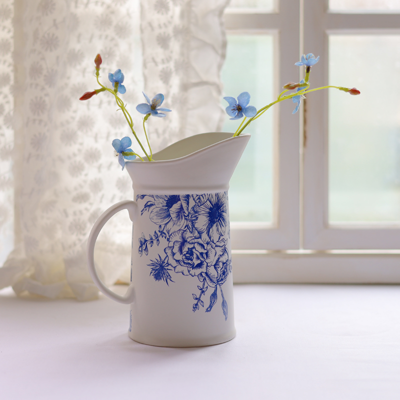 Blue and White Hand Painted Flora Ceramic Pitcher Vases  for Artificial Flower Arrangement