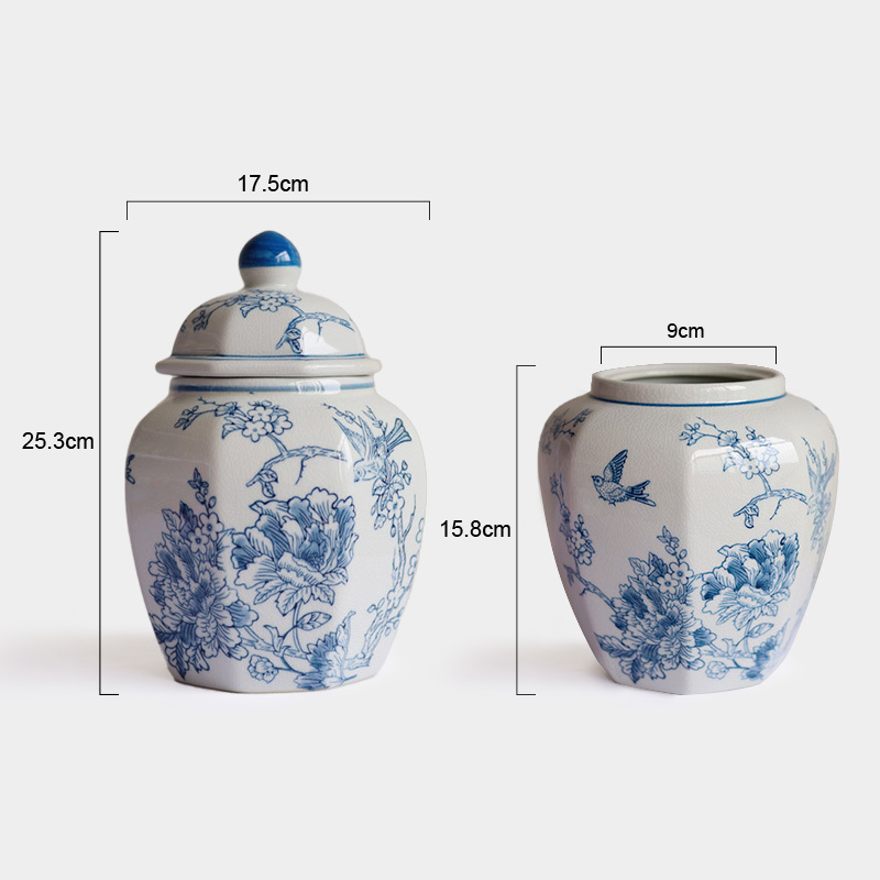 Chinese Traditional Blue and White Overjoyed Bird and Flower Design Pattern Ceramic Ginger Jars and Vase for Home Decor