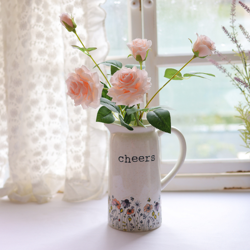 Medicinal Stones Added Cheers Flora Pattern Hand Painted Ceramic Water Pitcher Vase with Handle for Kitchenware