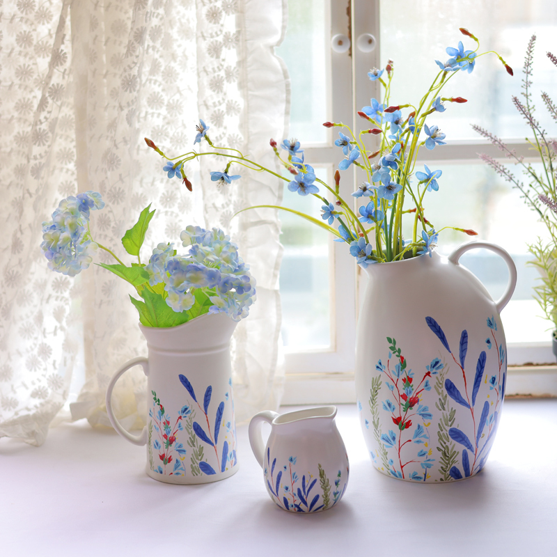 Luxury Lavender Pattern Hand Painted Ceramic Water Pitcher with Handle Set of 3 Flower Vases for Flower Arrangement