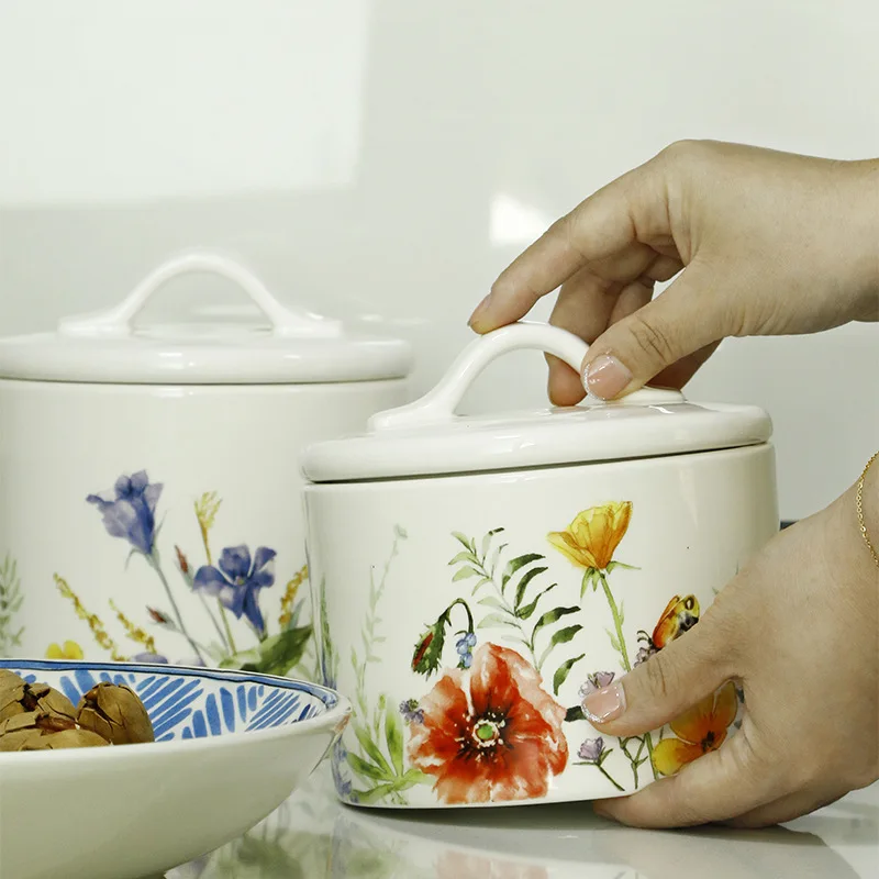 Pastoral Style Snack Storage Tank Creative Hand-Painted Flowers And Grains Sealed Jar