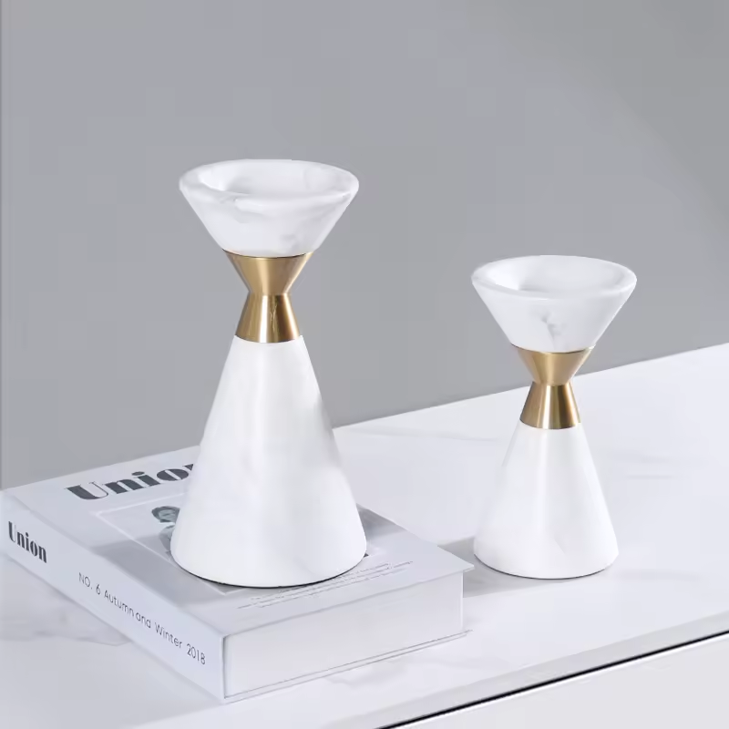 Wedding Centerpieces Decoration Vintage White and Gold Iron Taper Marble Candle Holders