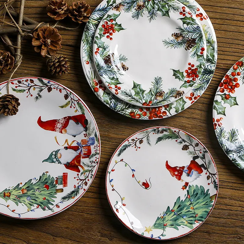 Christmas Decor Supplies Fine Ceramic Tree & Goblin Pattern Dinnerware Flatware Dishes & Plates