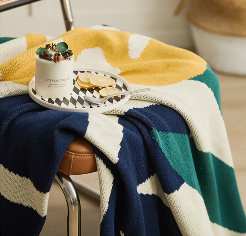 Nordic-Style Floral Sofa Blanket, Cotton Jacquard Knitted Blanket, Home Soft Decoration 130*160CM-Color: Green & Orange