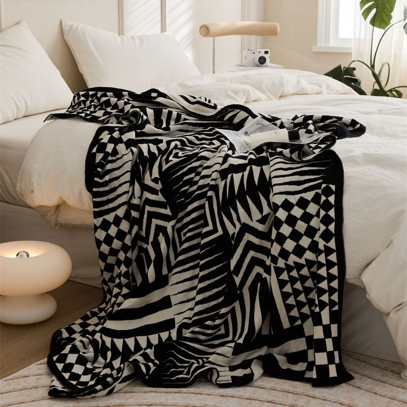Cotton Black Cozy Geometric Knitted Blanket - Warm and Soft Throw for Couch, Bed, and Sofa