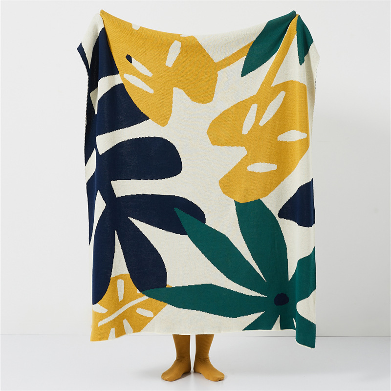 Nordic-Style Floral Sofa Blanket, Cotton Jacquard Knitted Blanket, Home Soft Decoration 130*160CM-Color: Green & Orange