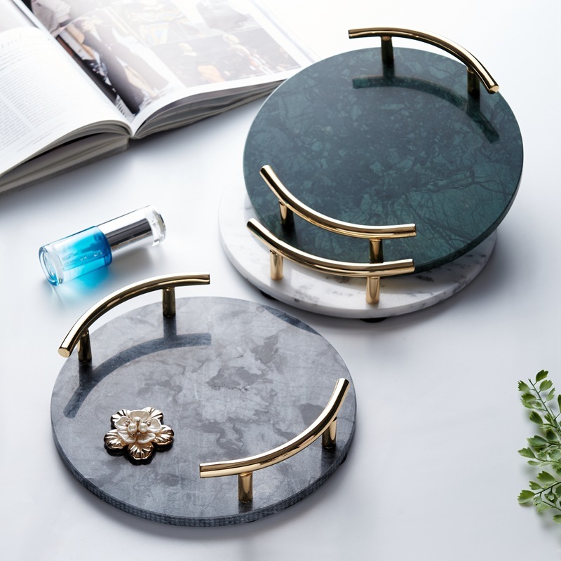10” Round Marble Decorative Tray Vanity Tray Perfume Tray Trinket Tray with Gold Metal Handles, Jewelry Display Tray for Counter, Vanity, Dresser, Nightstand, Bathroom