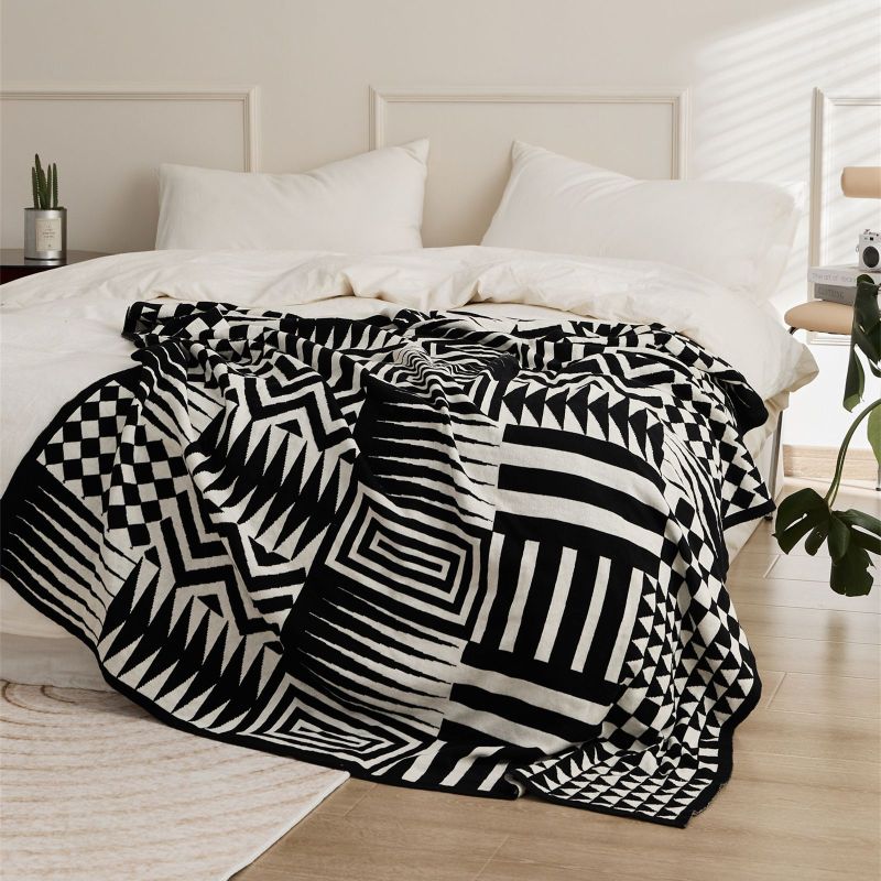 Cotton Black Cozy Geometric Knitted Blanket - Warm and Soft Throw for Couch, Bed, and Sofa