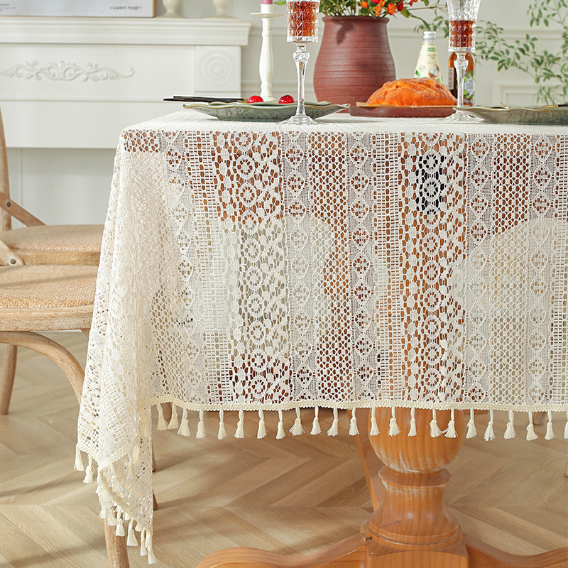 Beige Crochet Tablecloth for Kitchen Dining Knitted Cotton Lace Table Cover for Party Tassel Table Cloth for Banquet Wedding Decorations