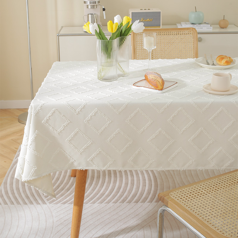 Boho Tablecloth Tufted Textured Cotton Linen, Farmhouse Minimalist Table Cloth with Jacquard Rhombus Geometric Embroidery for Home Dining Restaurant Party Table Decor
