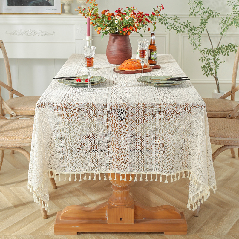 Beige Crochet Tablecloth for Kitchen Dining Knitted Cotton Lace Table Cover for Party Tassel Table Cloth for Banquet Wedding Decorations