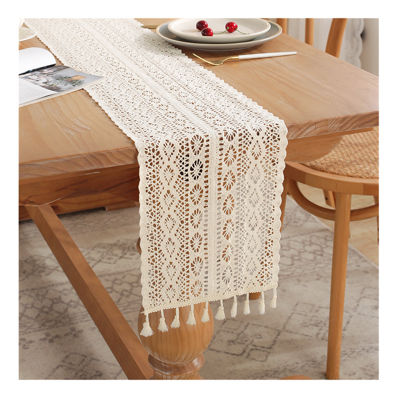 Farmhouse Table Runner with Tassels, Boho Hand Woven Cotton Table Runner, Rustic Crochet Lace Home Decor for Kitchen, Shower, Wedding, Dinner, Bohemian Style Table