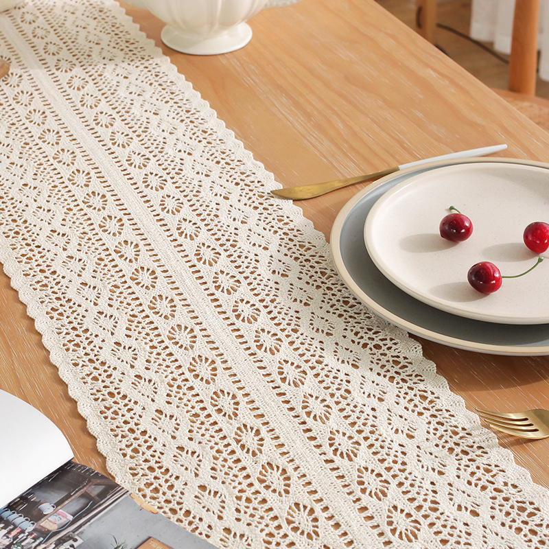 Farmhouse Table Runner with Tassels, Boho Hand Woven Cotton Table Runner, Rustic Crochet Lace Home Decor for Kitchen, Shower, Wedding, Dinner, Bohemian Style Table