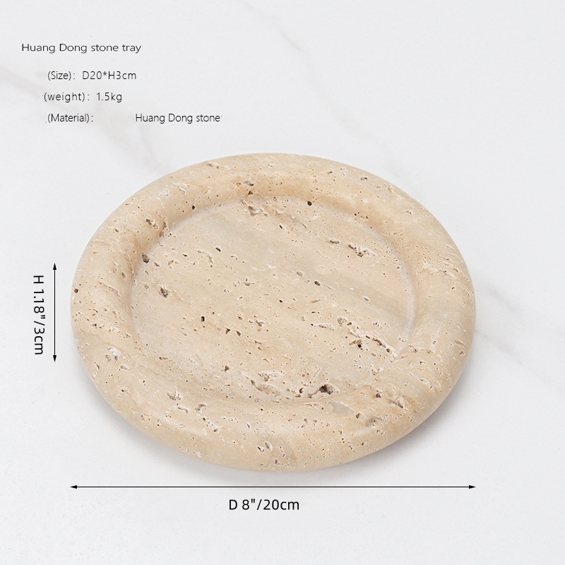 Rustic Natural Marble Beige Travertine 8” Round Vanity Tray Jewelry Makeup Dish Decorative Tray for Coffee Table,Bathroom,Bedroom