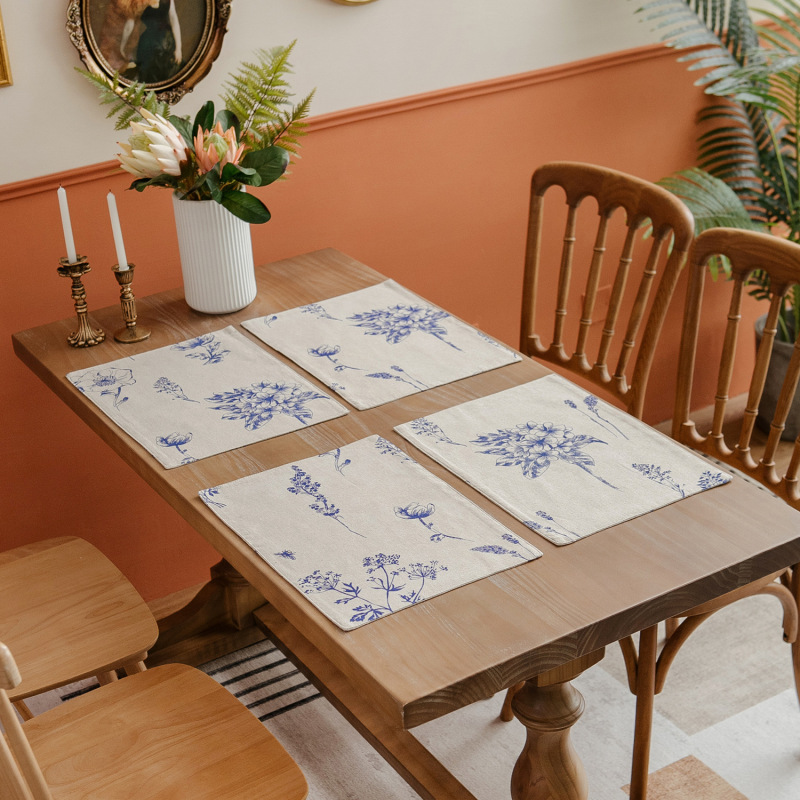 Nordic Blue Flower Pattern Printed Beige Cotton Linen Mixed Table Placemat for Dining Table: 32*45cm - 12.59"*17.72"