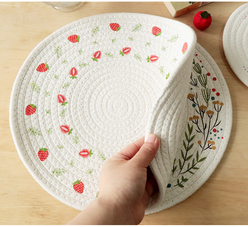 Cotton White Placemat with Cute Flower Printing, Pot Pad for Dining Table-Multi Sizes Selections