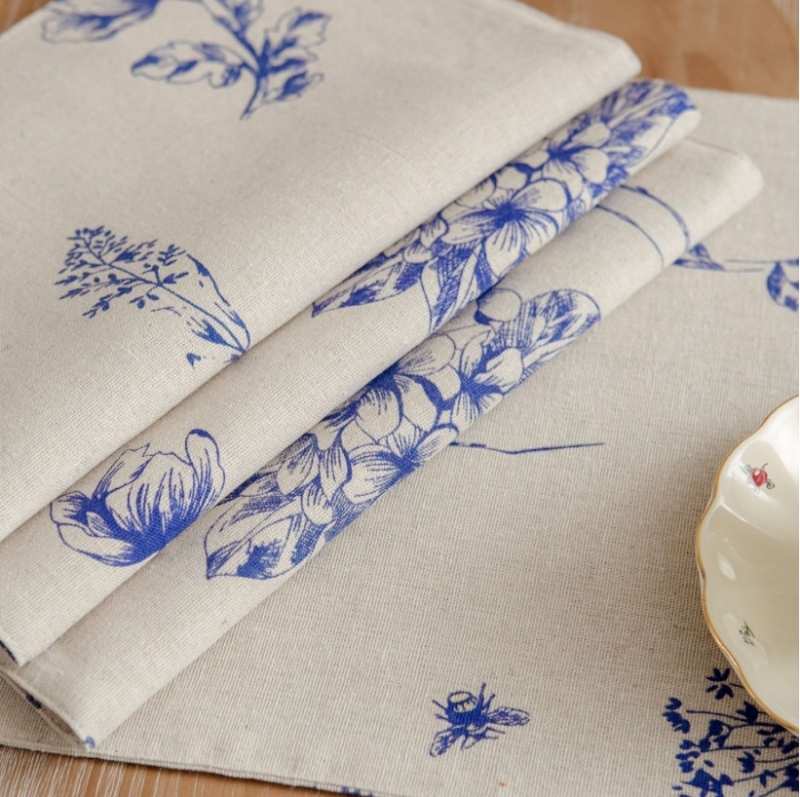 Nordic Blue Flower Pattern Printed Beige Cotton Linen Mixed Table Placemat for Dining Table: 32*45cm - 12.59"*17.72"