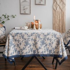Bohemian Cotton Linen Mixed Blue Roses Printing on Beige Tablecloth with Blue Lace Trim Fabric for Garden Decor, Rectangle Tablecloth & Square Pillow Cover