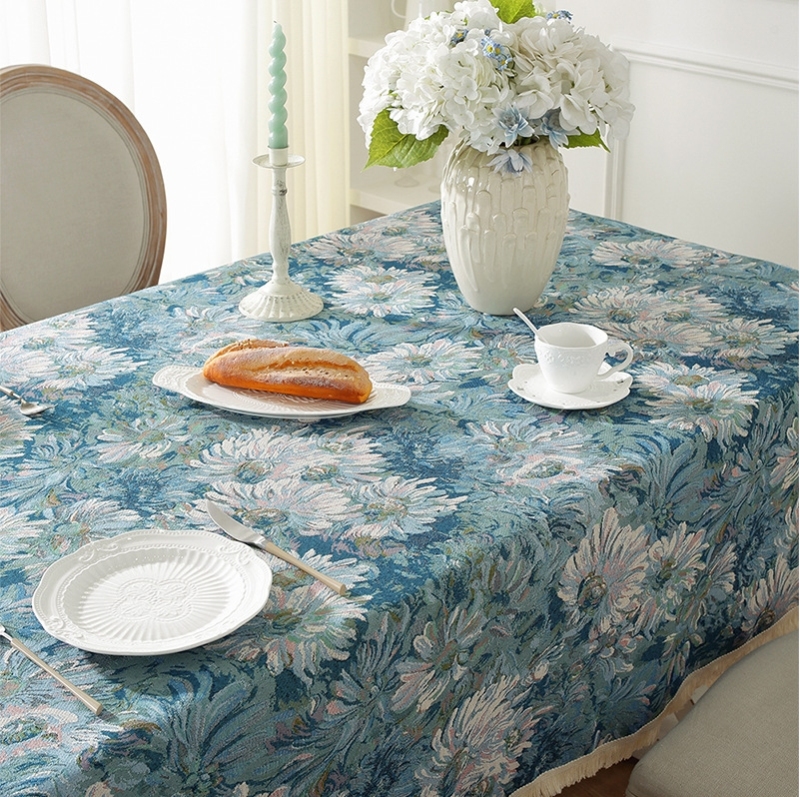 Polyester Cotton Mixed Tablecloth Oil Painting Flower Design Jacquard Blue Table Cover for Tea Party Dining Table