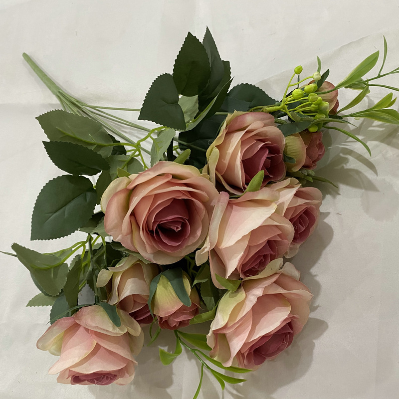 European Style Real Looking Brushed Cloth 10 Heads Retro Roses Artificial Flowers for Wedding Hall ,Home and Office Decoration