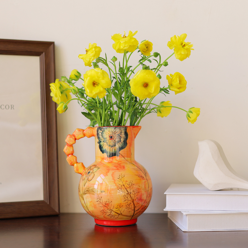 Red Hand Painted Ceramic Pitcher Shape Vase for Flower Arrangement with One Handle