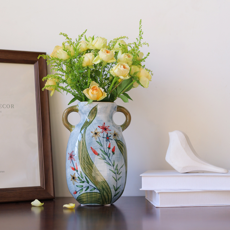 Blue Floral Hand Painted Ceramic Vase with Two Handles for Home Decor