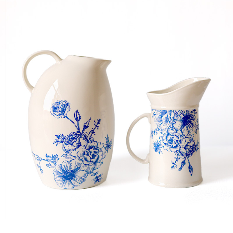 Blue and White Hand Painted Flora Ceramic Pitcher | Flower Ceramic Vases for Flower Arrangement